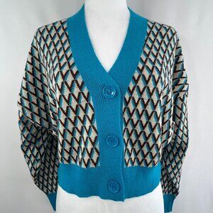Vintage Inspired Geometric Knit Blue Brown Cardigan - Small